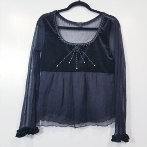Lapis Sheer Silk Blend Velvet Rhinestones Embellished Ruffle Blouse
